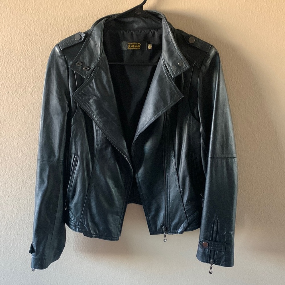 Black leather biker jacket